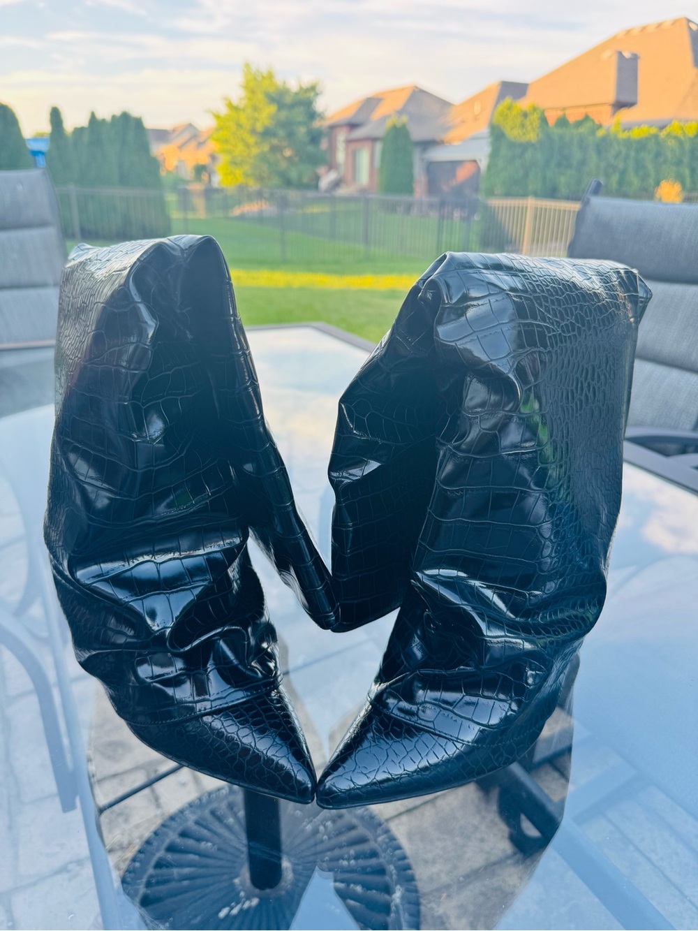 Croc-Effect Black Pointed-Toe Slouch Heeled Boots